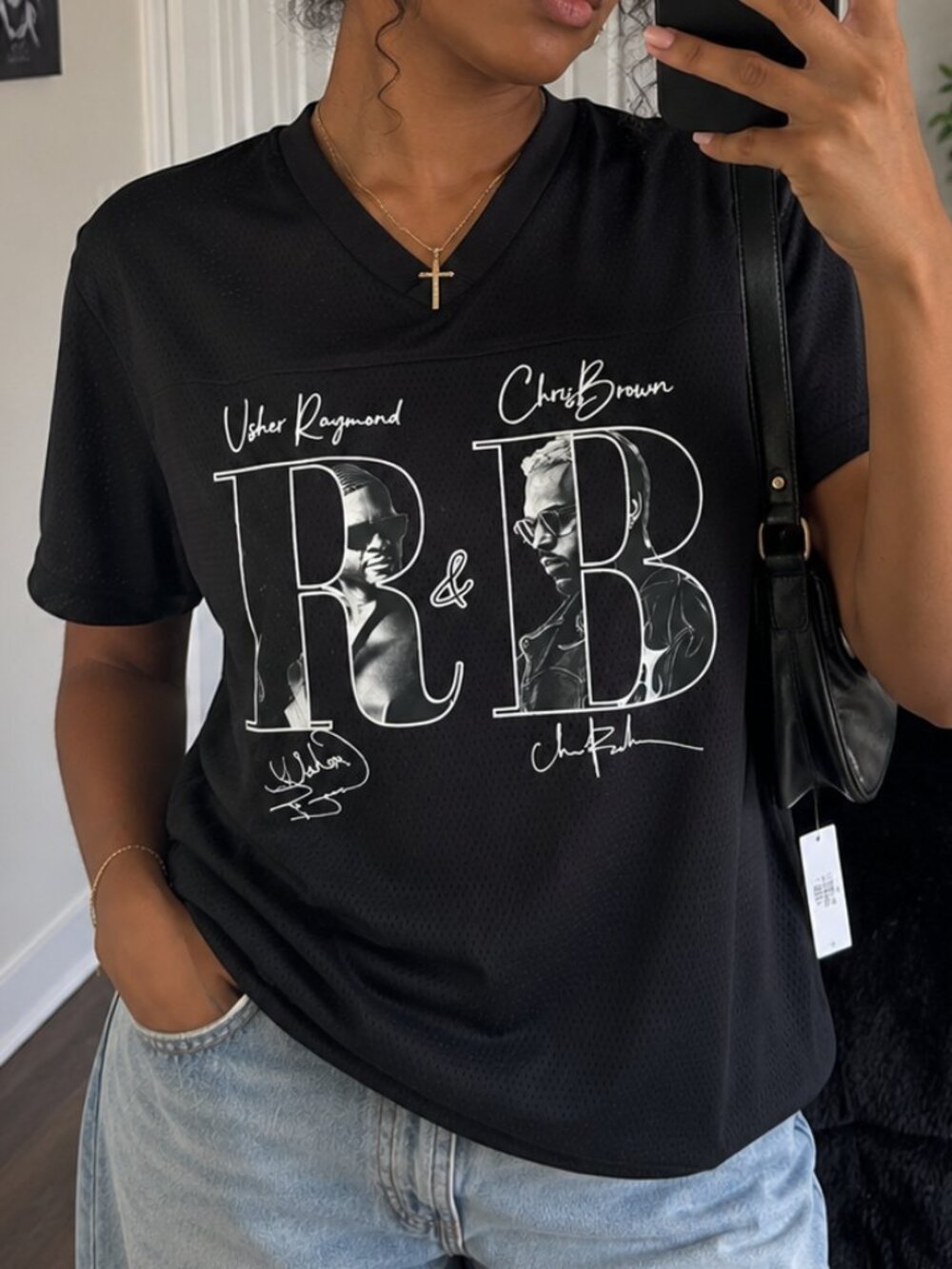Black Mesh R&B Graphic Jersey Tee Usher Chris Brown Inspired Size L